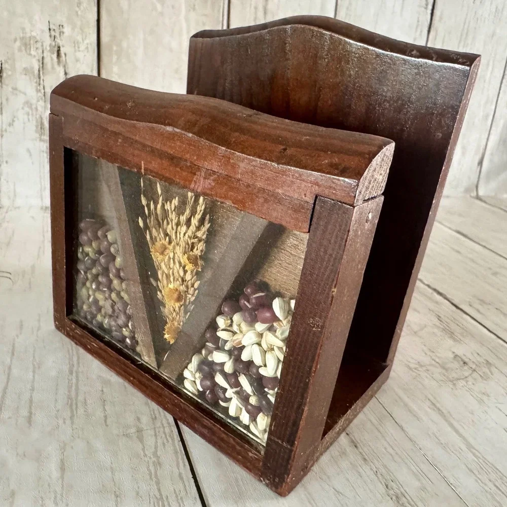 Vintage Wooden Napkin Holder Shadow Box Dried Wheat Beans Seeds Farmhouse Decor